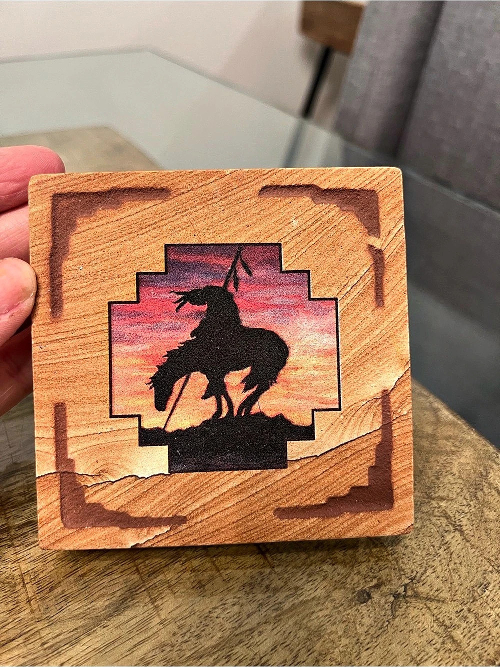 Thirstystone natural sandstone beverage coaster iconic "End of trail” artwork